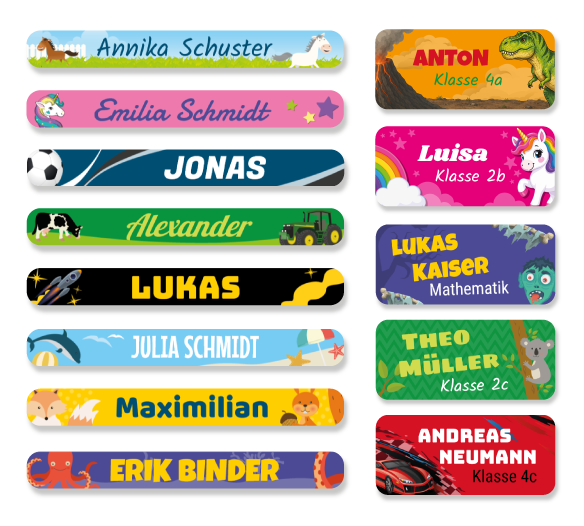 Namensaufkleber für Stifte, Hefte und Schule mit Dino, Einhorn, uvm.