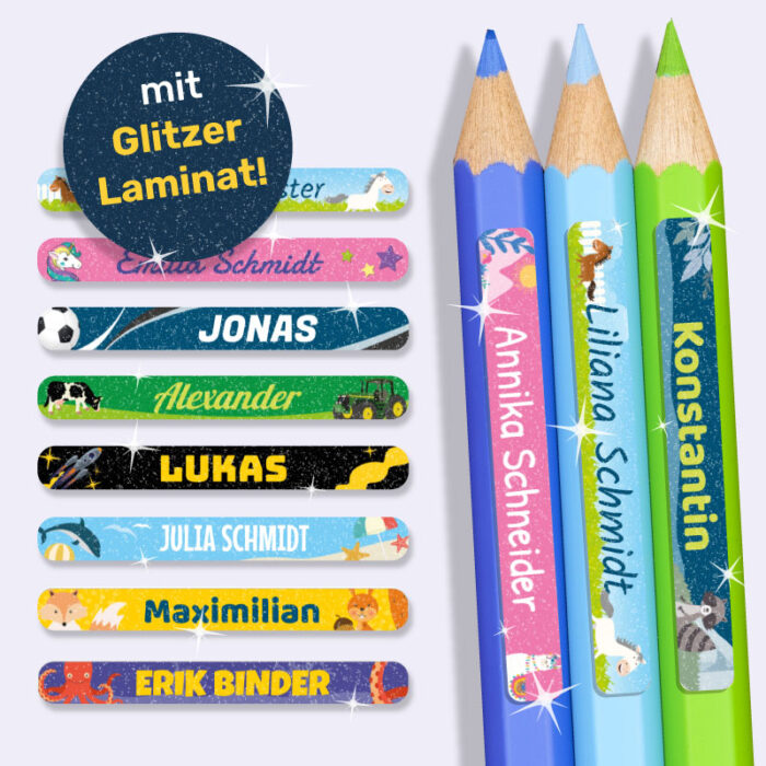 Personalisierte Glitzer-Namensaufkleber für Stifte. Motive, wie Weltall, Einhorn, Dino, Pferd, Fußball und mehr zur Auswahl!