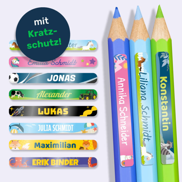 Personalisierte Namensaufkleber mit Kratzschutz für Stifte. Motive, wie Weltall, Einhorn, Dino, Pferd, Fußball und mehr!