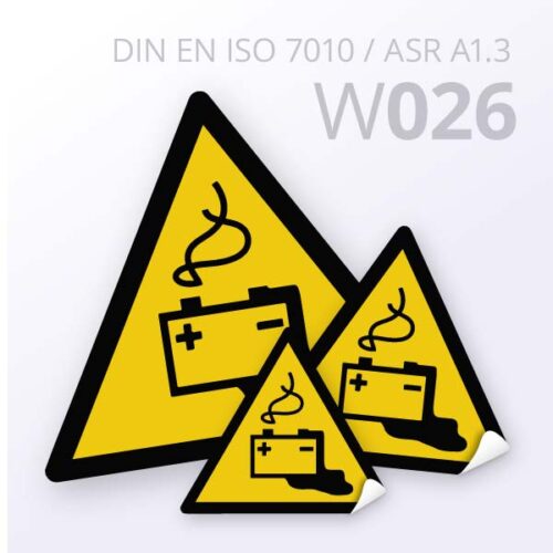 Warnzeichen "Warnung vor Gefahren durch das Aufladen von Batterien" (W026) nach DIN EN ISO 7010