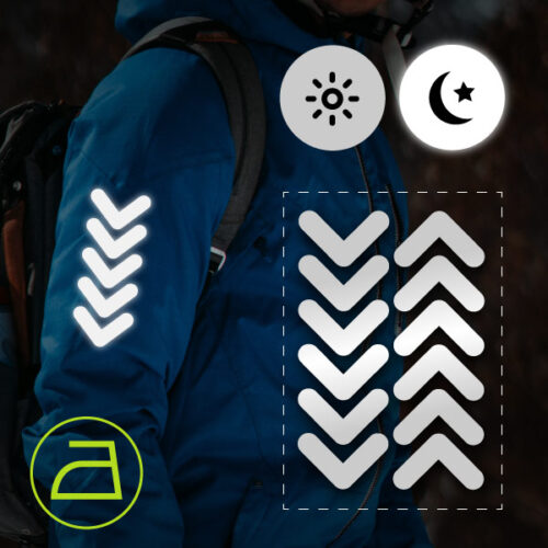 Reflektierende Aufkleber im Chevron-Design, grau-weiß, für Kleidung zum Aufbügeln, aus Reflexfolie, wetterfest.