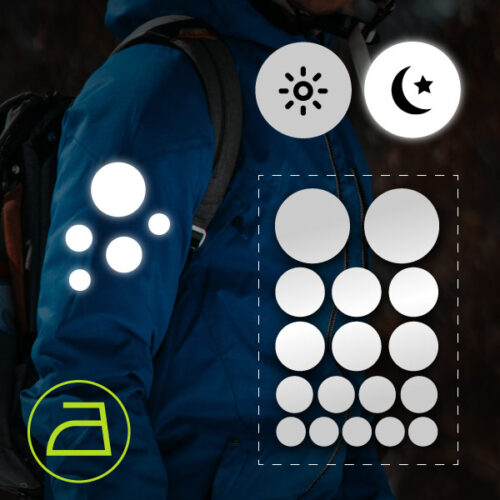 Reflektierende Aufkleber im Kreis-Design, grau-weiß, für Kleidung zum Aufbügeln, aus Reflexfolie, wetterfest.