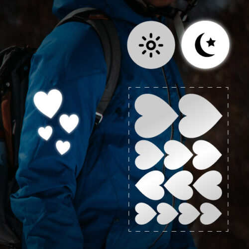 Reflektierende Aufkleber im Herz-Design, grau-weiß, für Kleidung zum Aufkleben, aus Reflexfolie, wetterfest.