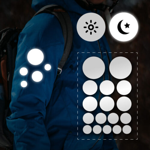 Reflektierende Aufkleber im Kreis-Design, grau-weiß, für Kleidung zum Aufkleben, aus Reflexfolie, wetterfest.