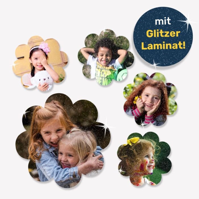 Fotoaufkleber in Blumenform, mit Glitzerlaminat