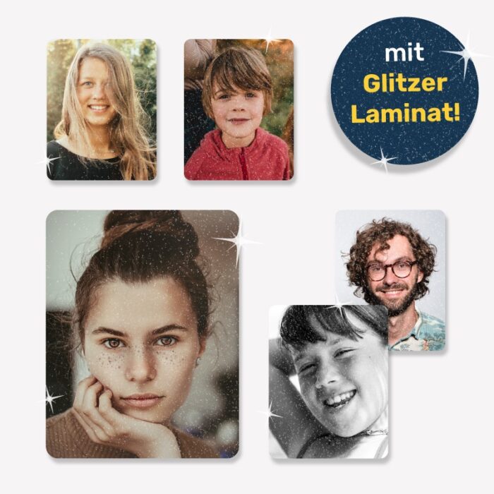 Fotoaufkleber im Passbild-Format, mit Glitzerlaminat