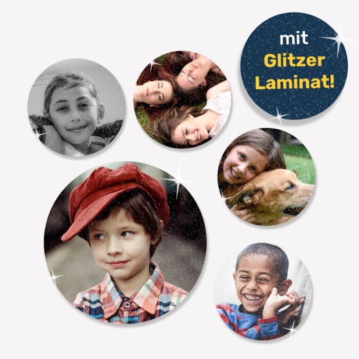 Fotoaufkleber rund, mit Glitzerlaminat