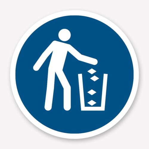 Gebotszeichen “Abfallbehälter benutzen” (M030) nach DIN EN ISO 7010, weißes Männchen wirft was in den Mülleimer.