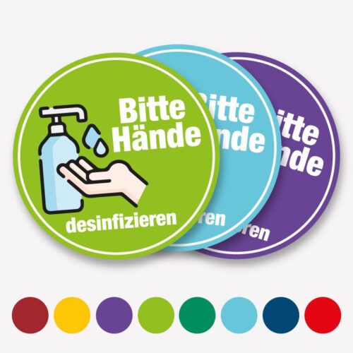 Aufkleber "Hände Desinfizieren", rund, viele Farben