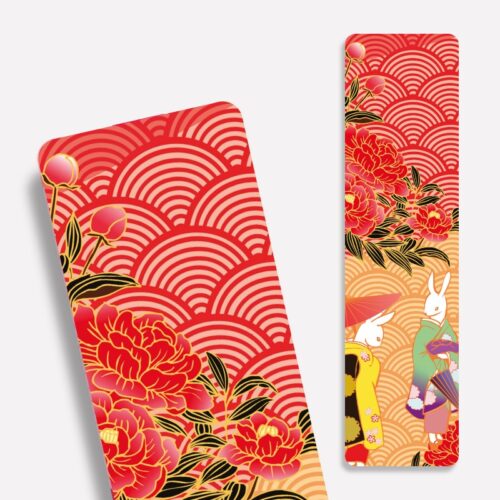 Laminiertes Lesezeichen im japanischen Stil mit roten Blumen und Hasen in japanischer Kleidung - Geisha - perfekt für Lesemäuse!
