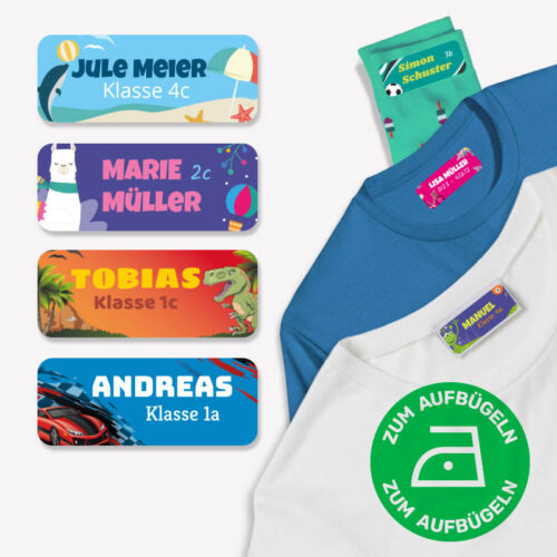 Große Textiletiketten für Kleidung zum Aufbügeln, viele Motive und Farben erhältlich!