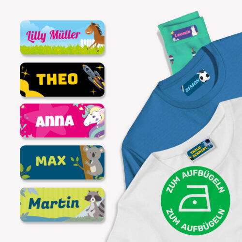 Kleine Textiletiketten für Kleidung zum Aufbügeln, viele Motive und Farben erhältlich!
