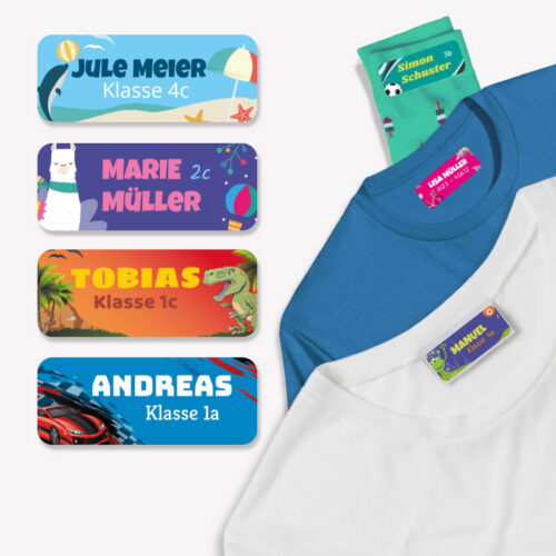 Große rechteckige selbstklebende Textiletiketten, in verschiedenen Farben und Motiven, sowie auch Text