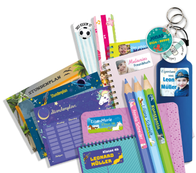 Namensaufkleber, Schlüsselanhänger, Lesezeichen, Stundenpläne