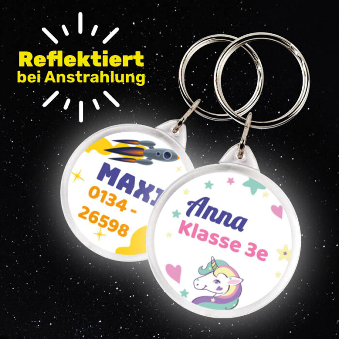 Personalisierte reflektierende Notfall Anhänger für eine leichte Erkennbarkeit im dunklen - perfekt für Schulkinder!