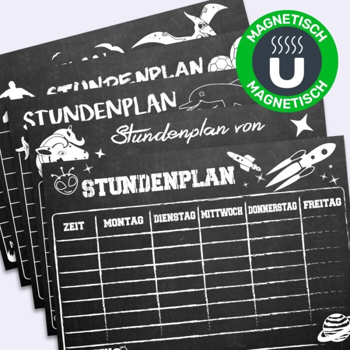 Mit Kreide beschreibbarer und magnetischer Stundenplan auf Tafelfolie mit verschiedenen Motiven - perfekt für die Schule!