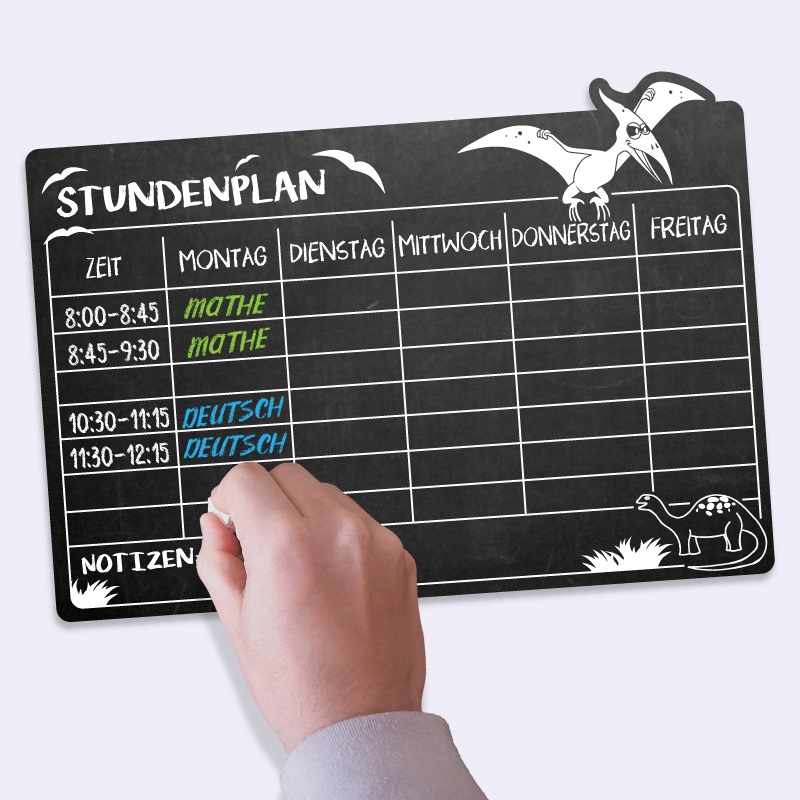 Stundenplan auf Tafelfolie, mit Kreide beschreibbar, Dino Mit Kreide beschreibbarer Stundenplan auf Tafelfolie mit Dinosaurier Motiv - perfekt für die Schule!