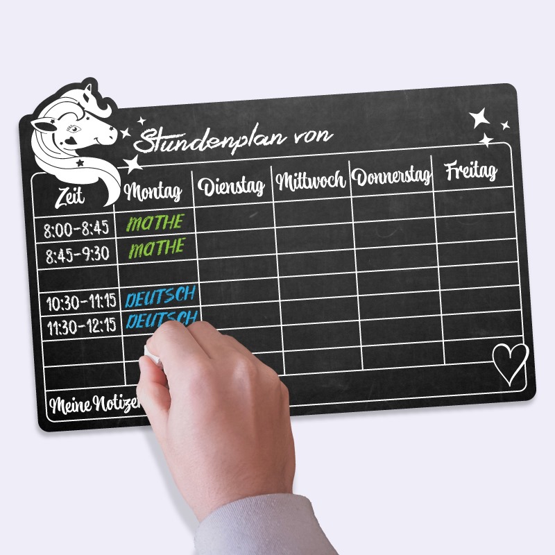 Stundenplan auf Tafelfolie, mit Kreide beschreibbar, Einhorn Mit Kreide beschreibbarer Stundenplan auf Tafelfolie mit Einhorn Motiv - perfekt für die Schule!