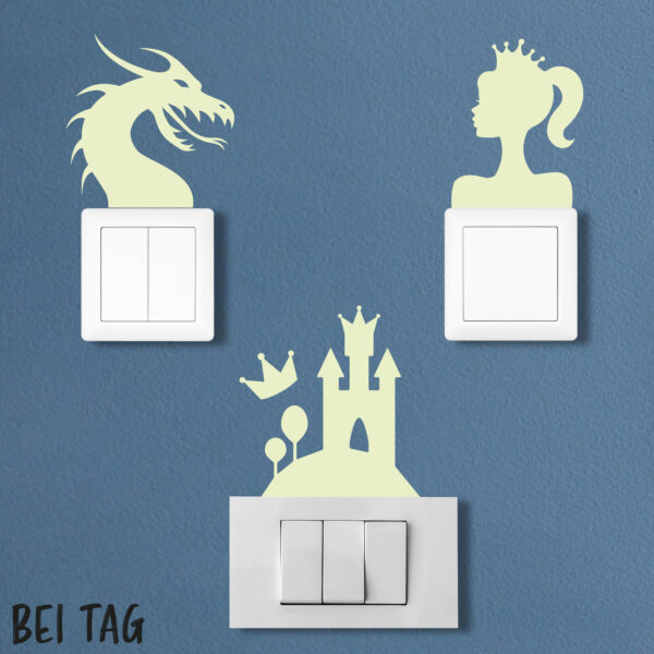 Lichtschalter Wandtattoo, Leuchtsticker, nachleuchtend, phosphoreszierend, Kinderzimmer, Prinzessin und Drache