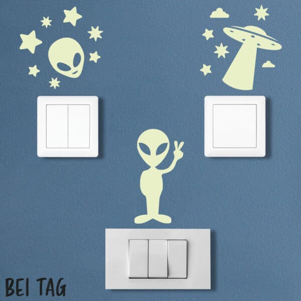 Lichtschalter Wandtattoo, Leuchtsticker, nachleuchtend, phosphoreszierend, Kinderzimmer, Alien