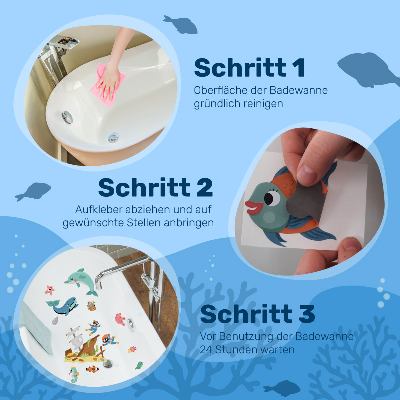 Klebeanleitung für laminierte Aufkleber für die Badewanne, Dusche oder Fließen mit Anti-Rutsch Effekt.