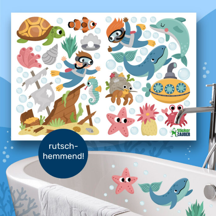 Aufkleber für die Badewanne oder Dusche mit Anti-Rutsch Effekt und maritimen Unterwasser-Motiven, wie Seesterne und Muscheln.