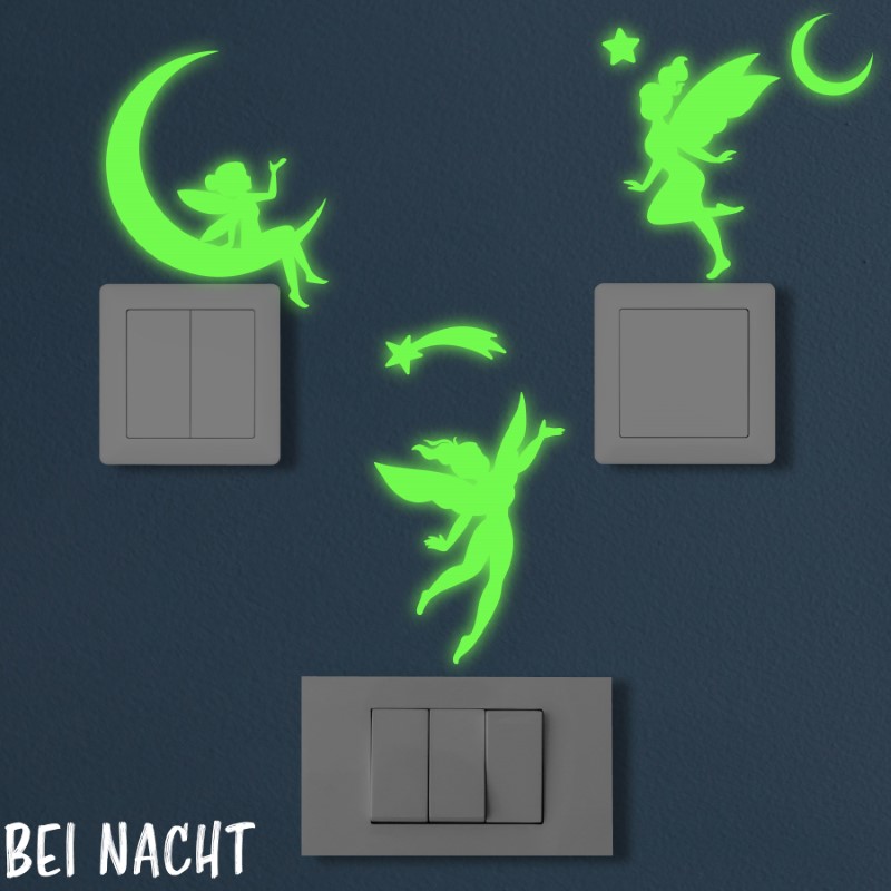 Nachleuchtende Lichtschalter Aufkleber aus phosphoreszierender Folie mit Feen Motiv - perfekt als Dekoration im Kinderzimmer.