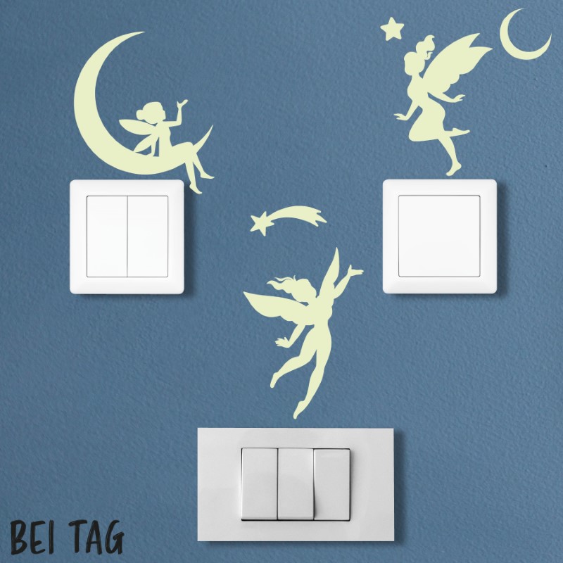 Nachleuchtende Lichtschalter Aufkleber aus phosphoreszierender Folie mit Feen Motiv - perfekt als Dekoration im Kinderzimmer.