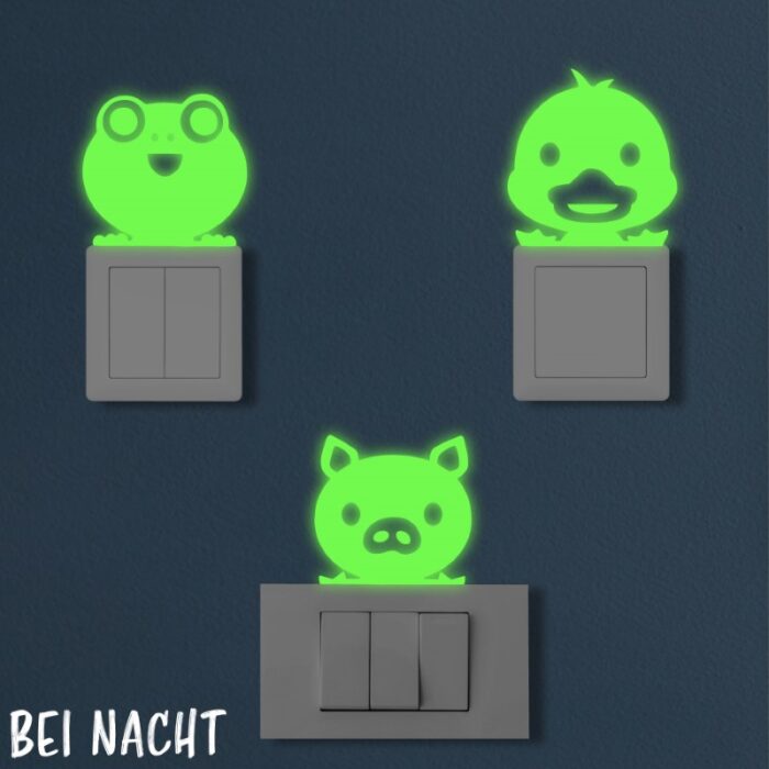 Nachleuchtende Lichtschalter Aufkleber aus phosphoreszierender Folie mit Tier Motiv - perfekt als Dekoration im Kinderzimmer.