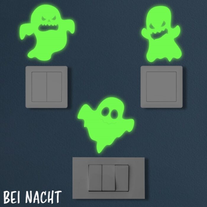 Nachleuchtende Lichtschalter Aufkleber aus phosphoreszierender Folie mit Geister Motiv - perfekt als Deko im Kinderzimmer.
