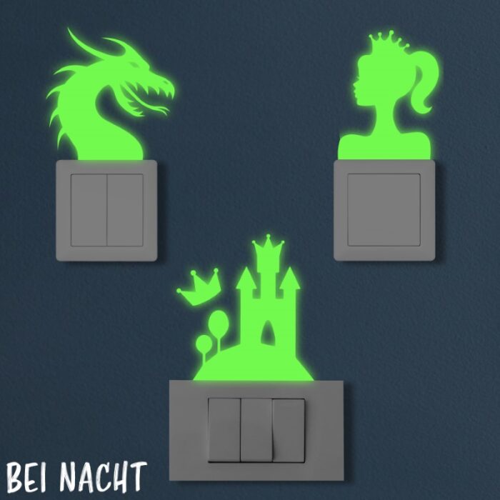 Nachleuchtende Lichtschalter Aufkleber aus phosphoreszierender Folie mit Märchen Motiv - perfekt als Dekoration im Kinderzimmer.