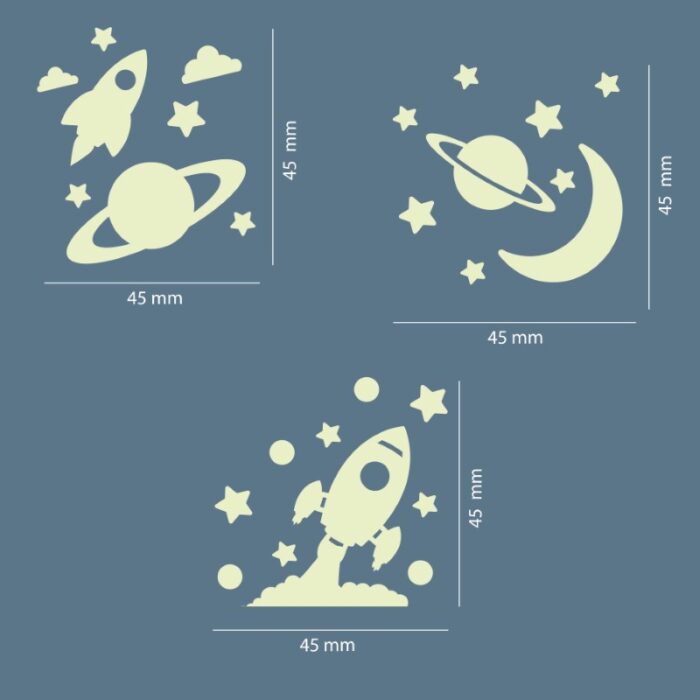 Nachleuchtende Lichtschalter Aufkleber aus phosphoreszierender Folie mit Weltall Motiv - perfekt als Deko im Kinderzimmer.