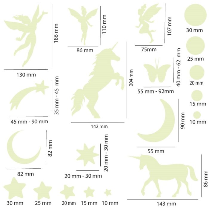 Nachleuchtende Wandtattoo Aufkleber aus phosphoreszierender Folie, im Einhorn Feen Design - perfekt als Deko im Kinderzimmer.