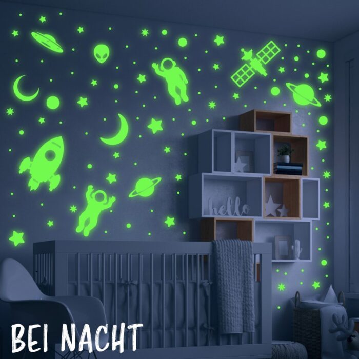 Nachleuchtende Wandtattoo Aufkleber aus phosphoreszierender Folie , mit Weltraum Motiven - perfekt als Deko im Kinderzimmer.