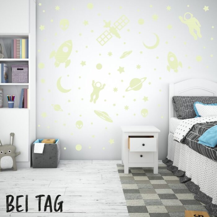 Nachleuchtende Wandtattoo Aufkleber aus phosphoreszierender Folie , mit Weltraum Motiven - perfekt als Deko im Kinderzimmer.