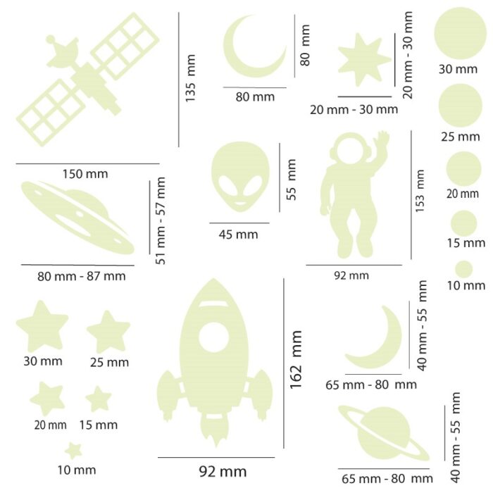 Nachleuchtende Wandtattoo Aufkleber aus phosphoreszierender Folie , mit Weltraum Motiven - perfekt als Deko im Kinderzimmer.