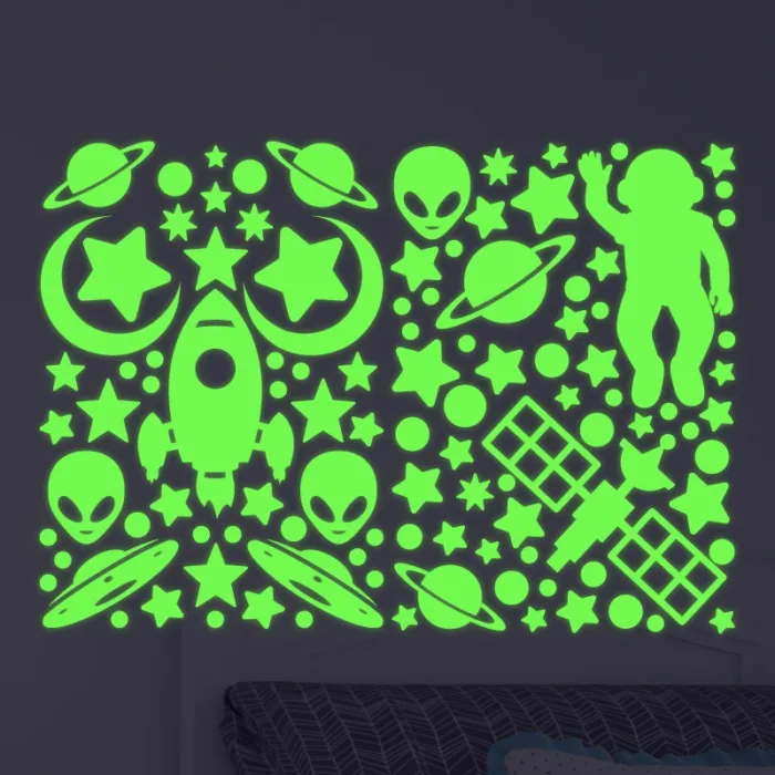 Nachleuchtende Wandtattoo Aufkleber aus phosphoreszierender Folie , mit Weltraum Motiven - perfekt als Deko im Kinderzimmer.