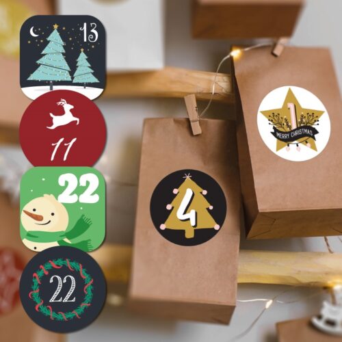 Aufkleber für Adventskalender mit weihnachtlichen Motiven