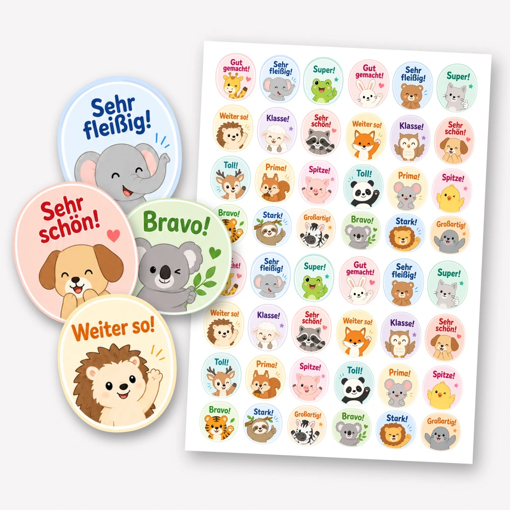 Belohnungsaufkleber Set mit 48 kleinen Motivationsaufklebern mit Tiermotiven für Schule, Kita, Hausaufgaben und mehr