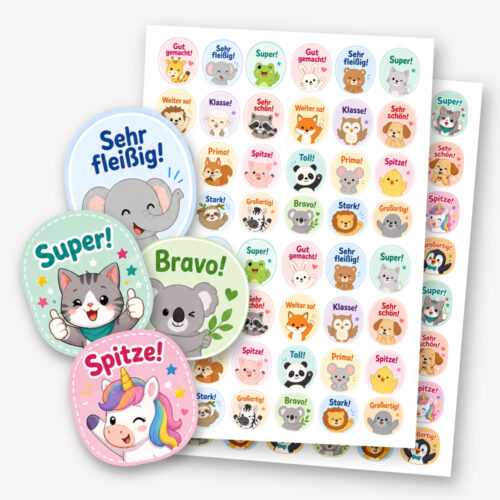 Belohnungssticker Set mit 48 kleinen Motivationsaufklebern mit Tiermotiven für Schule, Kita, Hausaufgaben und mehr