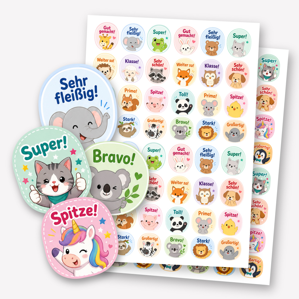 Belohnungssticker Set mit 48 kleinen Motivationsaufklebern mit Tiermotiven für Schule, Kita, Hausaufgaben und mehr