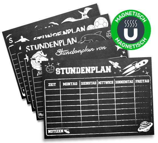 Magentische Stundenpläne auf Tafelfolie, Einhorn, Weltall, Dino, Fußball um.